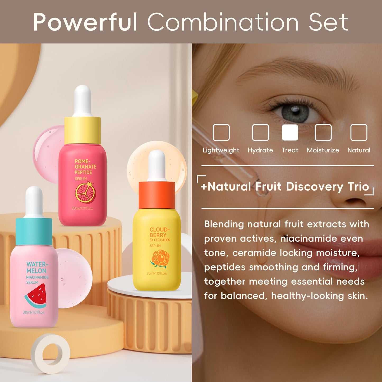 3 Pack Facial Serum Skin Care Sets, Serum for Face Includes Niacinamide, Ceramide, Peptides – Brightening, Hydrating, Dark Spot Corrector, Glow Up, Collagen Boosting - Reset Your Skin Day and Night