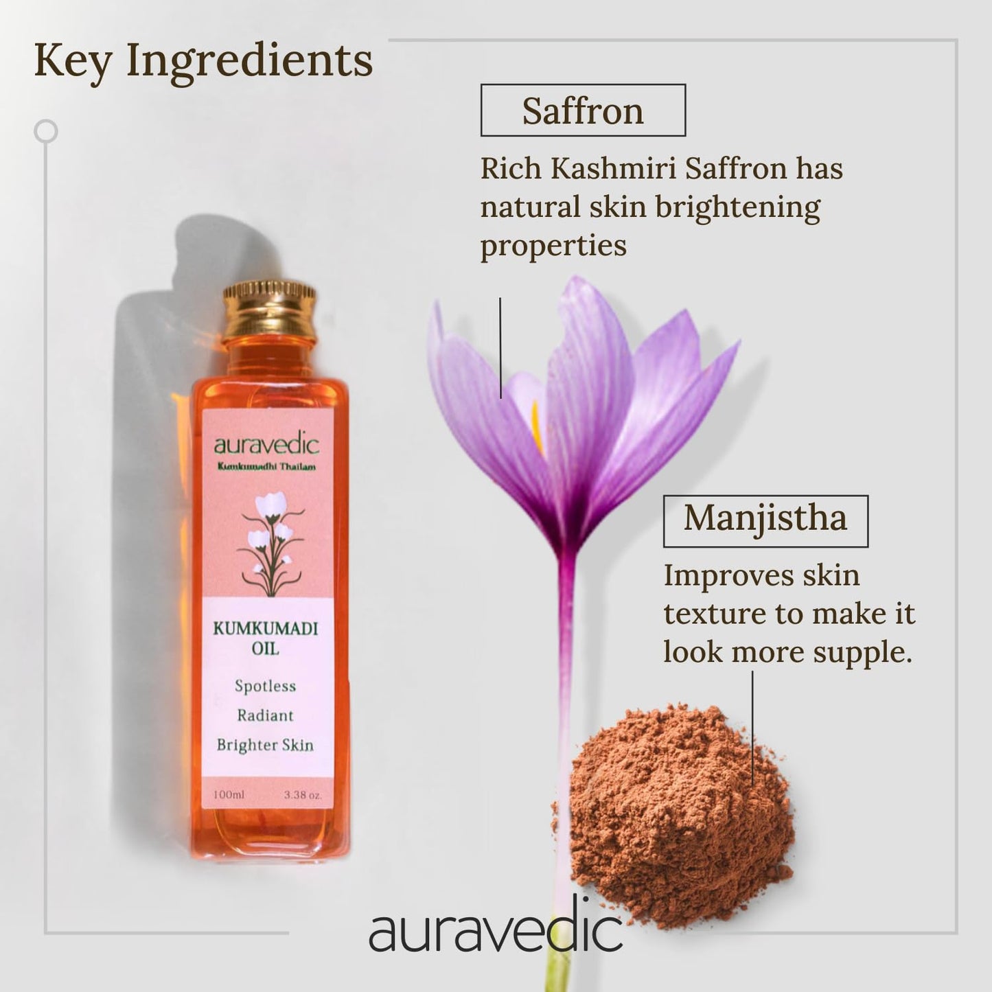 Auravedic Kumkumadi Oil Pure Saffron for Ultra Radiant Skin | Ayurvedic Oil for Dull, Dehydrated & Tired Skin | Lightweight Hydrating Formula for Smooth Texture | 3.38 Fl Oz (100ml)