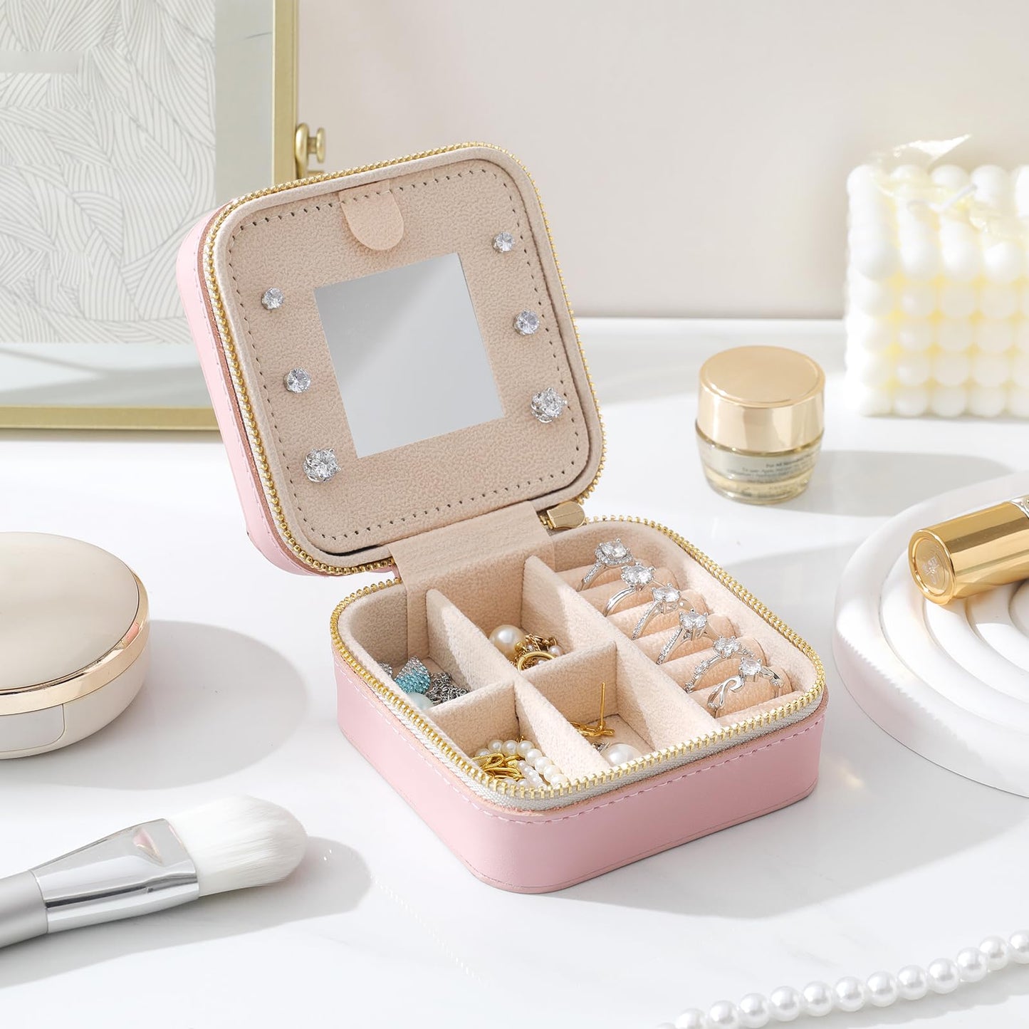 NGVRC Genuine Leather Travel Jewelry Case Organizer with Mirror for Women, Small Jewelry Box Portable Mini Jewelry Case for Earring, Ring, Necklace, Bracelet(Pink)