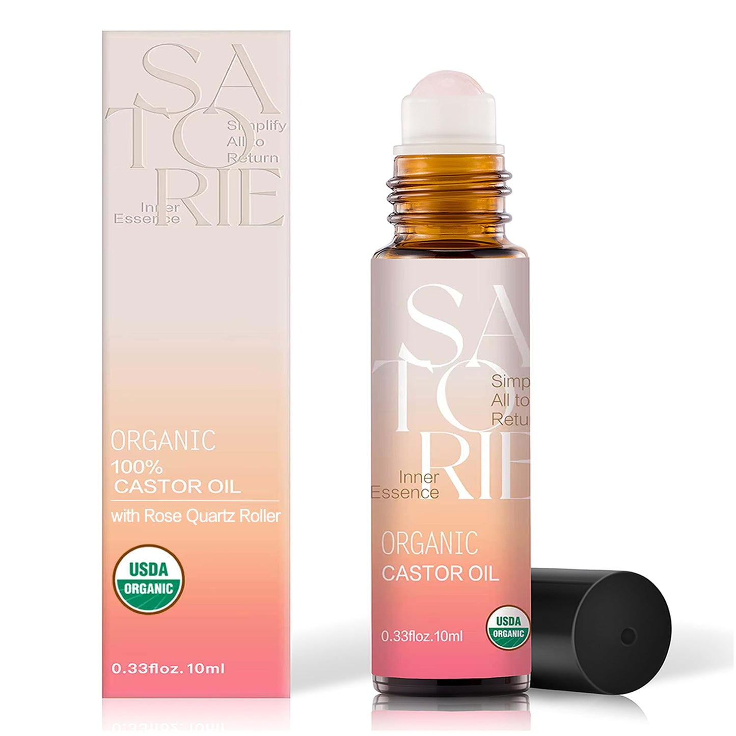 SATORIE Organic Castor Oil with Rose Quartz Rollerball - USDA Certified 100% Castor Oil Roll-on for Face, Under Eyes, Brows & Lashes; Deep Moisture, Soothing, Promotes Hair Growth
