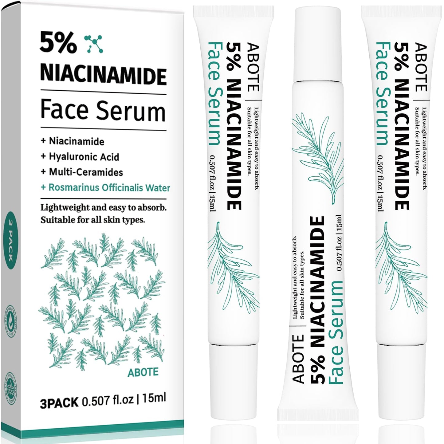 Travel Skincare 5% Niacinamide Serum with 4% Rosemary Extracts - Deep Hydration, Soothes Skin, Enhances Elasticity (3Pack 0.507 fl.oz | 15ml)