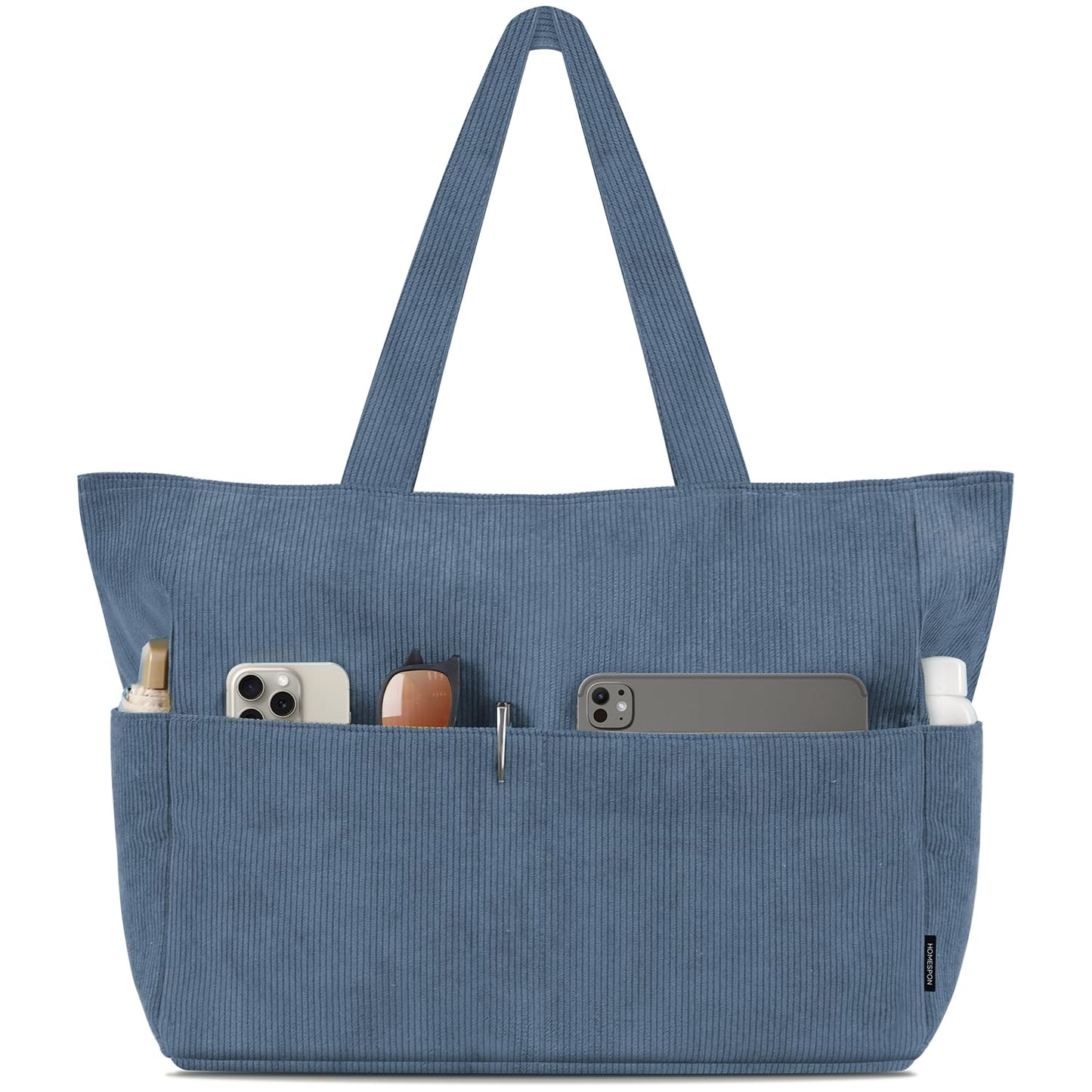 HOMESPON Large Corduroy Tote Bag for Women Everyday Shoulder Bag with Pockets and Zipper for Work Travel Vacation (Blue, L)