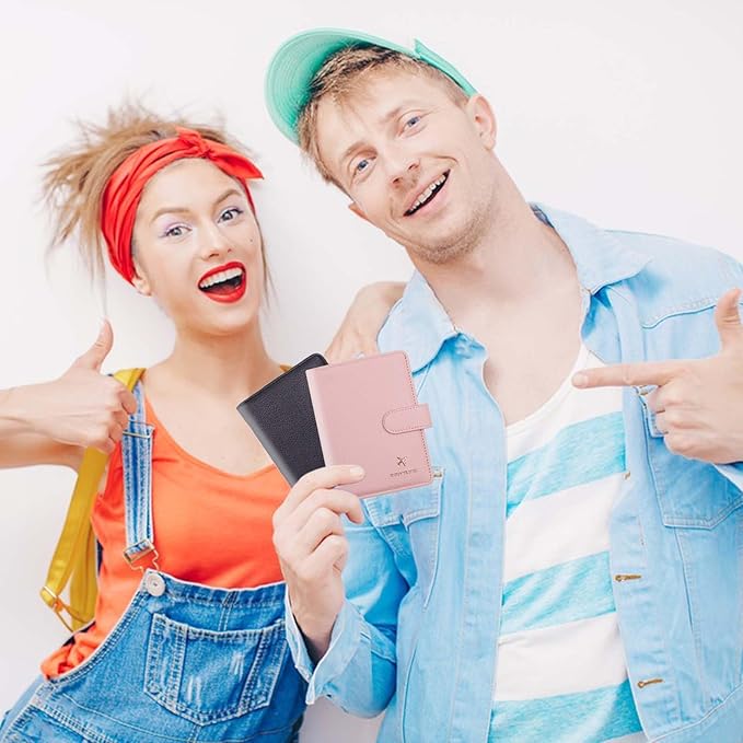 Cnycmy Passport Holder with RFID Blocking, Cash Pocket & Back Zipper Coin Pocket - Travel Document Holder, Magnetic Button, Multiple Card Slots - Soft PU Leather for Men and Women (PINK)