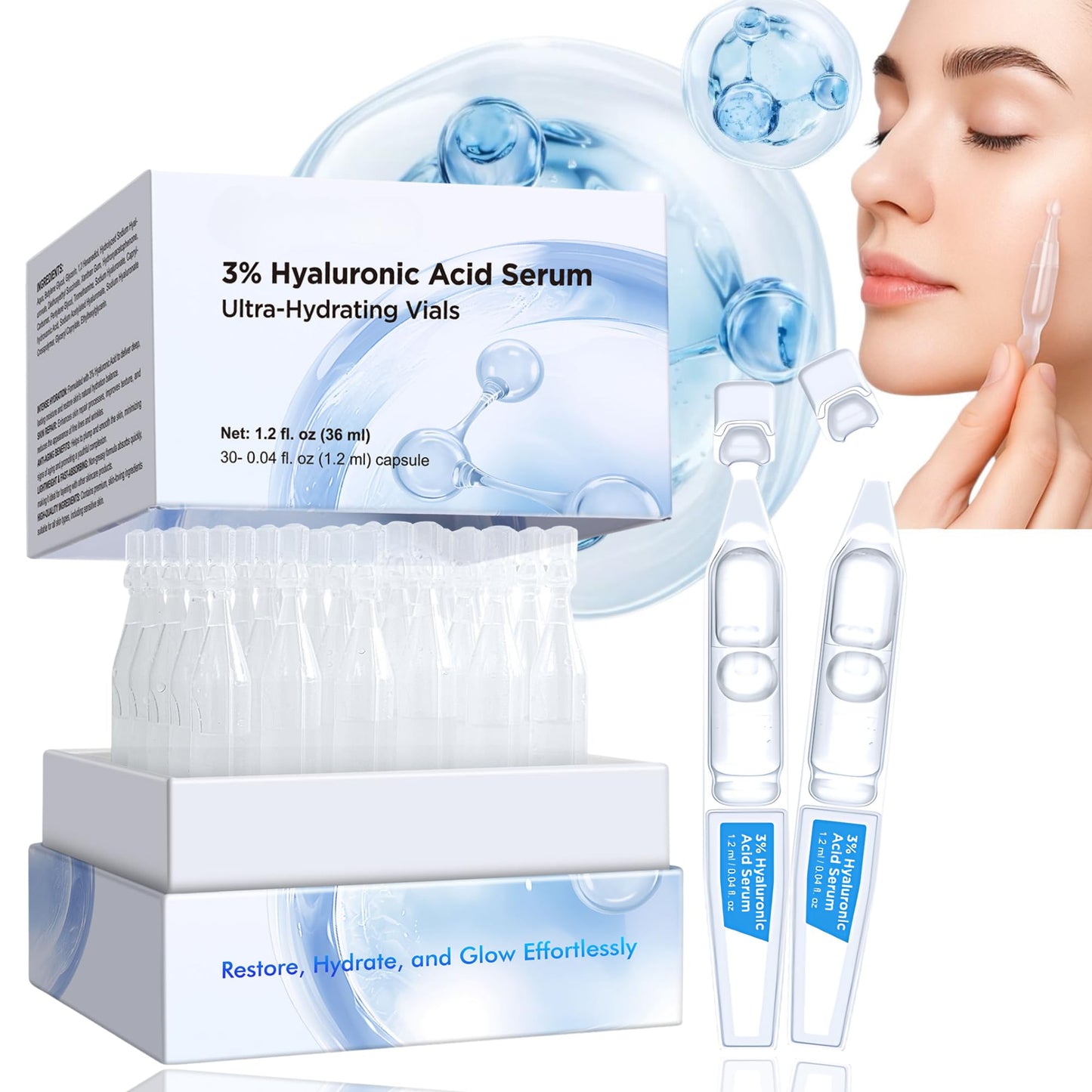 3% Hyaluronic Acid Serum, 4D Hyaluronic Acid Serum Ultra-Hydrating Vials, Hylunaric Acid Non-Greasy, Fast Absorption, Intensive Moisturizing, Deep Hydration & Smoothing (1 Box of 30 tubes)