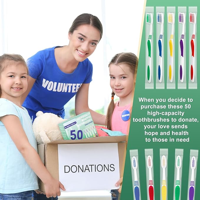 50 Pcs Toothbrush Bulk Disposable, Travel Toothbrushes Pack, Soft Bristle Individually Wrapped and Good Cleaning for Kids, Adult and The Elderly. Suitable for Hotel, Travel, Home, Donated