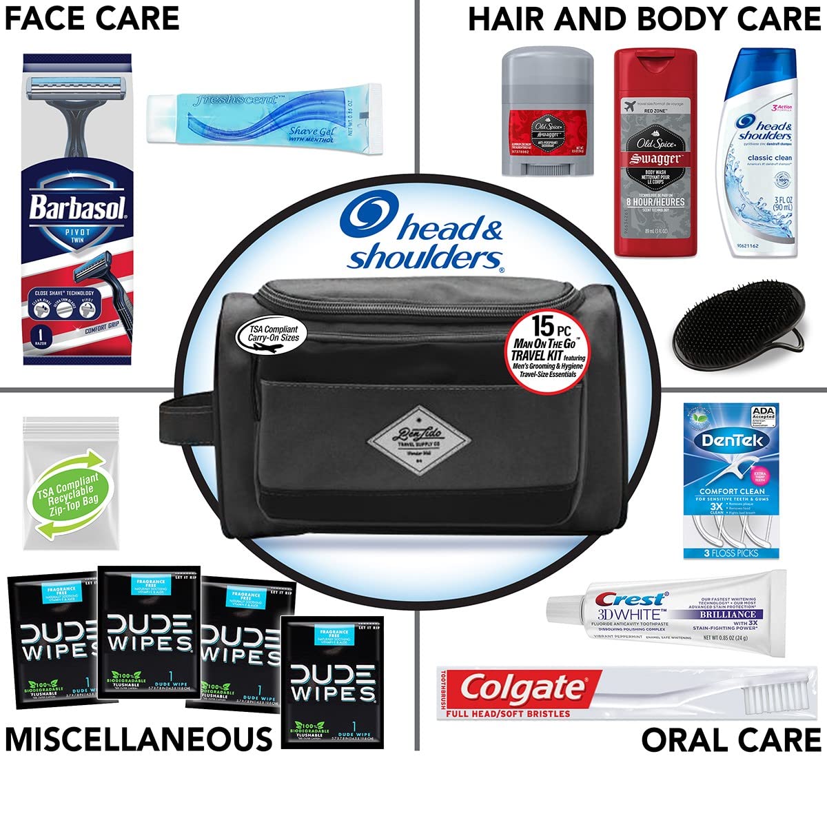 Convenience Kits International Men's Premium 15-Piece Kit wth Travel Size TSA Compliant Essentials, Featuring: Head & Shoulders Dandruff Shampoo Classic Clean and Palm Scalp Brush in Black Dopp Bag