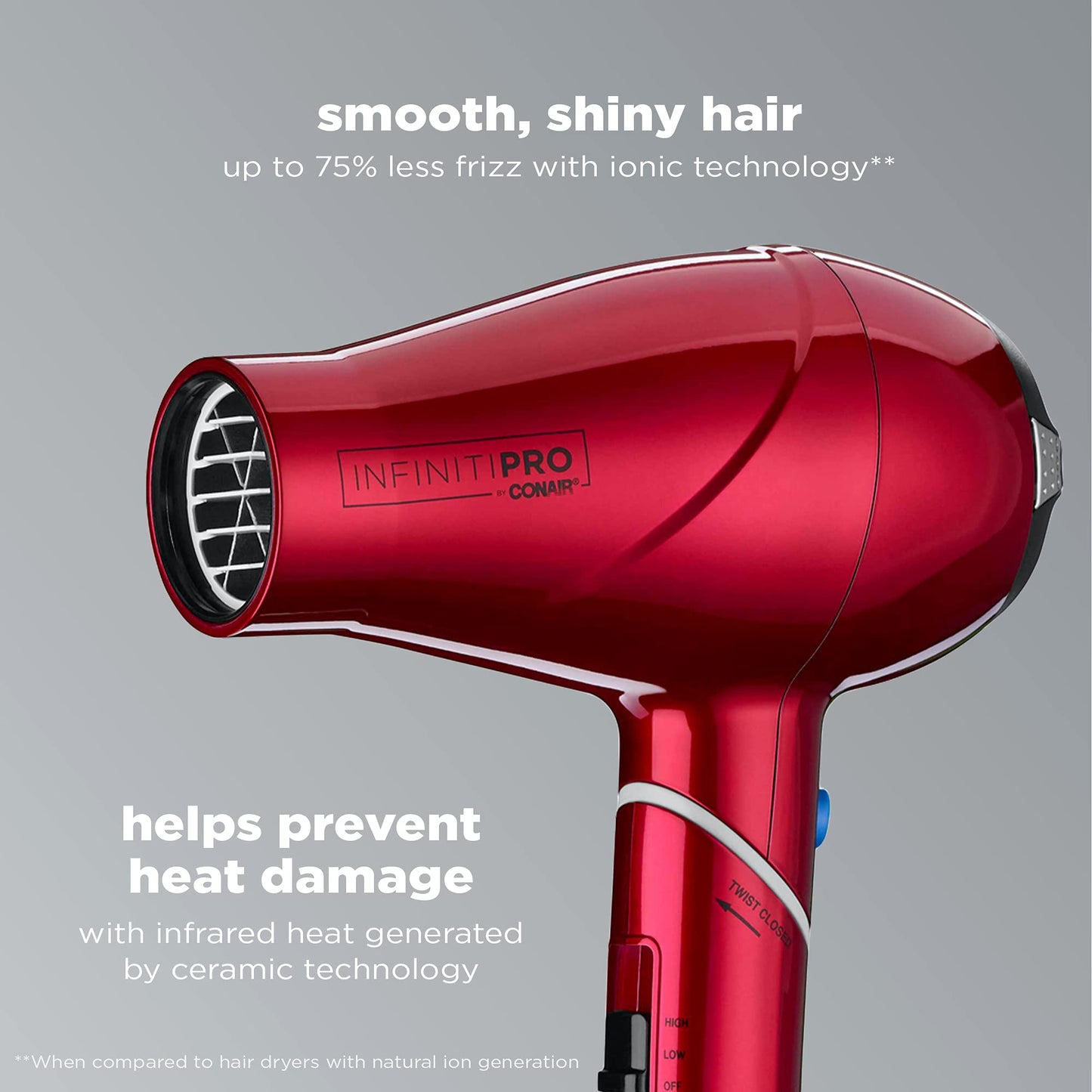 INFINITIPRO BY CONAIR Travel Hair Dryer, 1875W Compact Travel Hair Dryer with Twist Folding Handle, Conair Blow Dryer, Red