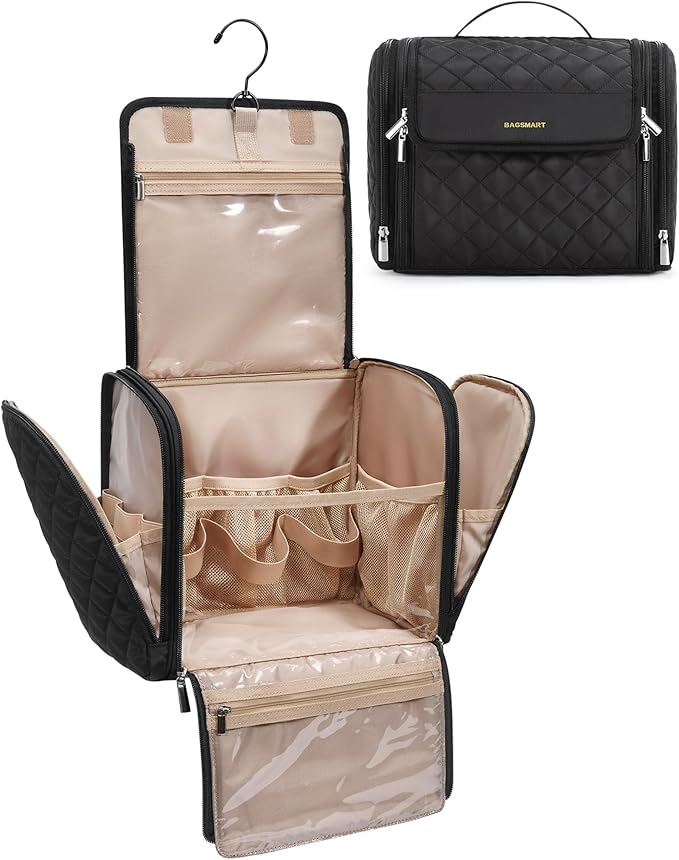 BAGSMART Hanging Travel Toiletry Bag, Large Capacity Water-resistant Cosmetic Organizer with Handle for Brushes Accessories, Black