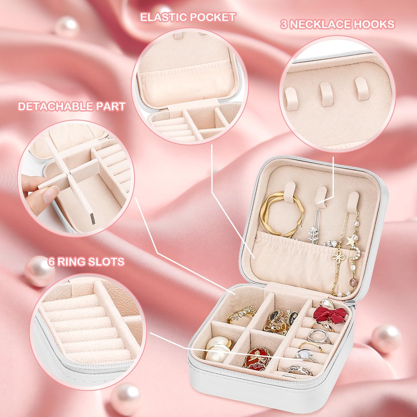 Leezmark 8 Pcs Jewelry Travel Case, Bridesmaid Gifts Set Of 6 & 8, Velvet Portable Jewelry Travel Organizer Small Jewelry Box Bridesmaid Proposal Gifts Box Mini Storage Organizer Storage Box, White