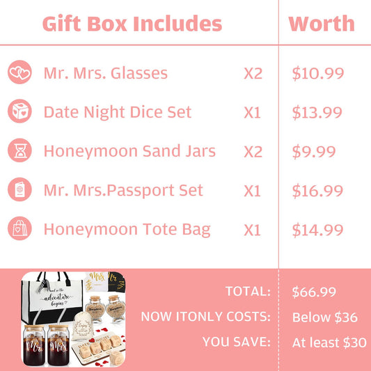 Sunnychicc 16 Pcs Wedding Gifts for Couple Mr Mrs Honeymoon Gifts Bridal Shower Engagement Favors with Glass Date Night Dice Passport Holder Baggage Tags Jar Tote Bag(Mr and Mrs)