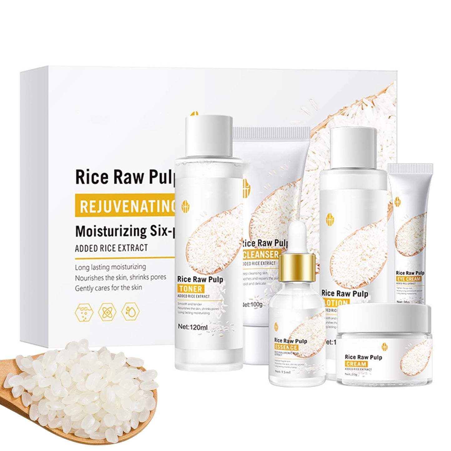Skincare Set, Rice Raw Pulp Korean Skin Care Sets & Kits for Women Teenage Girls Gifts with Cleanser Toner Eye Cream Essence Emulsion Face Cream Gift Set for Hydrating Skin (6pcs)