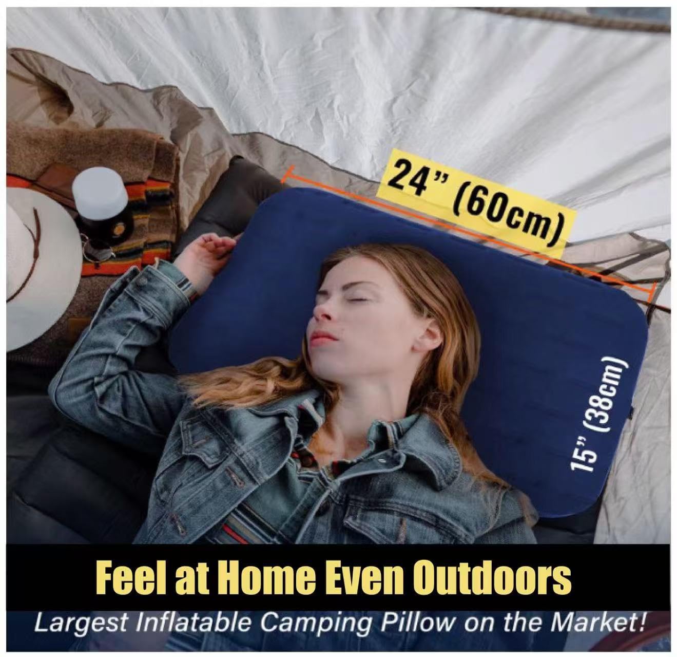 TREKOLOGY Camping Pillow - Large Inflatable (24"x15") for Home-Like Comfort, Portable & Ergonomic, Easy to Clean, Durable & Leak-Proof, Removable Strap for Secure Fit – ALUFT Ultra (Blue)