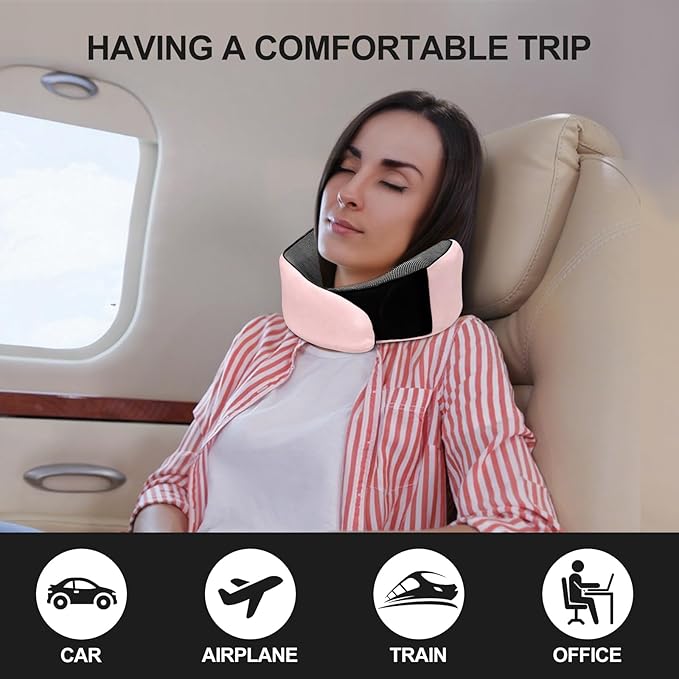 Travel Neck Pillow Airplane, Travel Pillow for Sleeping, Chin Support Flight Pillows, Ergonomic Design Memory Foam Pillows for Car, Soft Neck Surround Pillow (Pink)