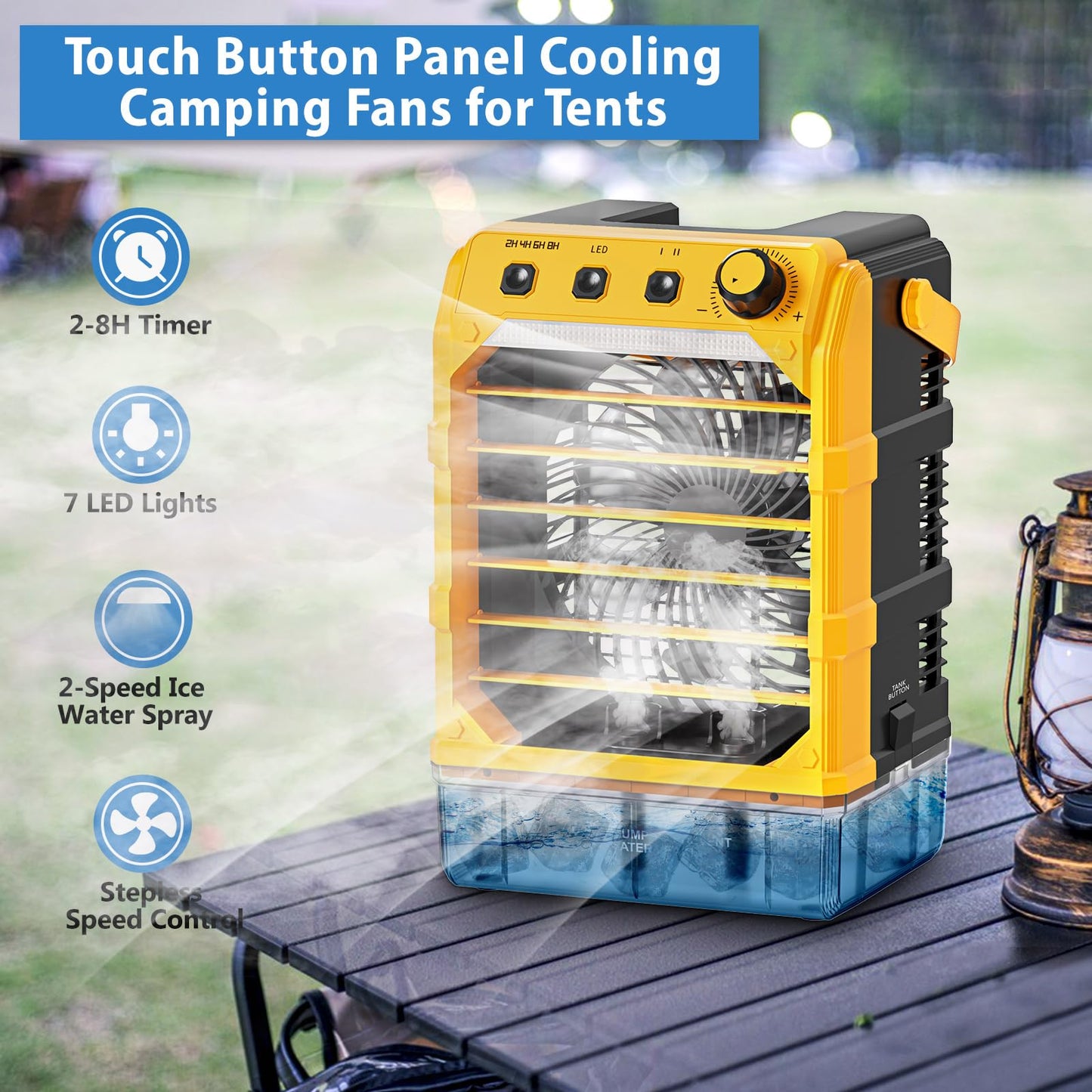 Uniqwamo Misting Fan Portable Compatible for Dewalt 20V/60V Battery(No Battery) or USB Powered, Cooling Fan for Bedroom with 7 Lights, 8H Timer, 1600ML Water Tank for Outside Camping Tent Room Office