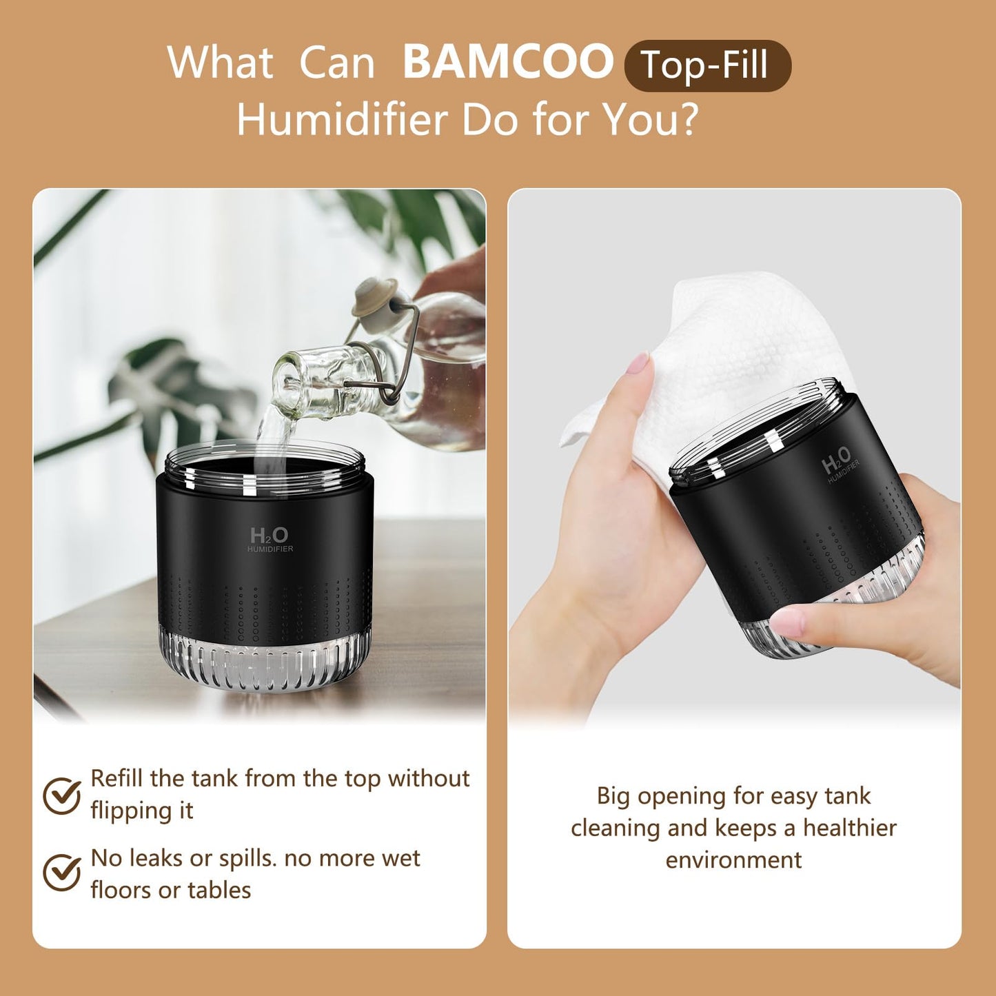 BAMCOO Portable Mini Humidifier, Auto Shut-Off, 2 Mist Modes, Quite, Small Humidifiers for Bedroom Travel Office Desk Plants (Black)