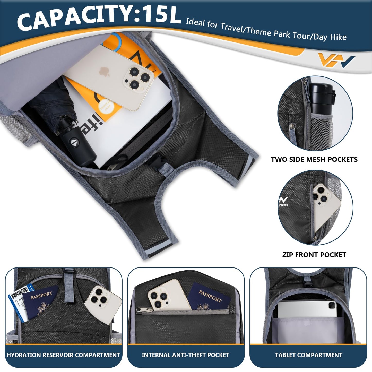 VHYBRIX 15L Lightweight Packable Hiking Backpack - Small Foldable Travel Daypack Outdoor Shoulder Bag Camping Waterproof Backpack for Women Men - Black