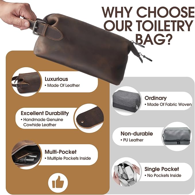 100% Genuine Leather Toiletry Bag for Men - Premium Handmade Crazy Horse Grain Leather - Best Gift for Men- Travel Toiletry Organizer - Shaving Bag for Toiletry Hanging Dopp Kit for Father Husband