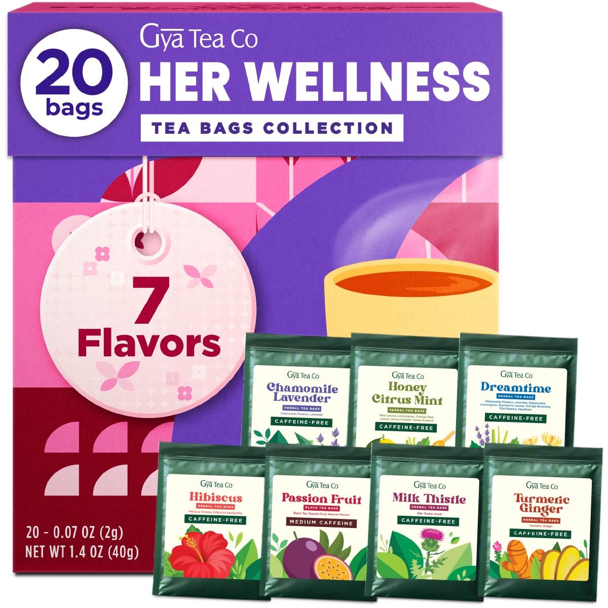 Gya Tea Co Her Wellness Tea Bags Collection (20 Bags) - 7 Flavors Assorted Tea Variety Pack Gift Set with Citrus Mint, Hibiscus, Chamomile & Ginger - Fruit & Herbal Blends