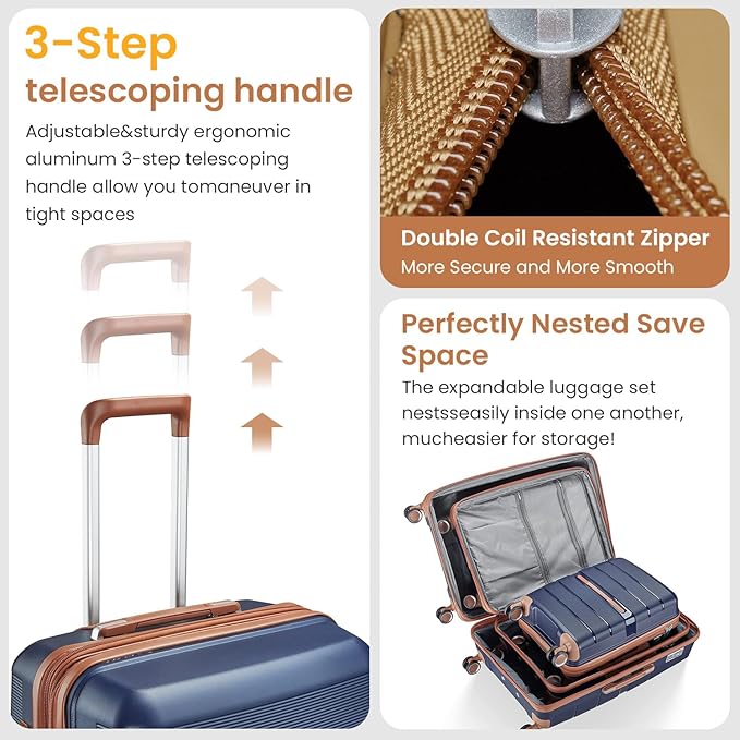 4-Piece Luggage Set with Double Spinner Wheels, Expandable Hardside Suitcases with TSA Lock (14/20/24/28), Durable PP Material Hardshell Travel Luggage for Men and Women (Blue)