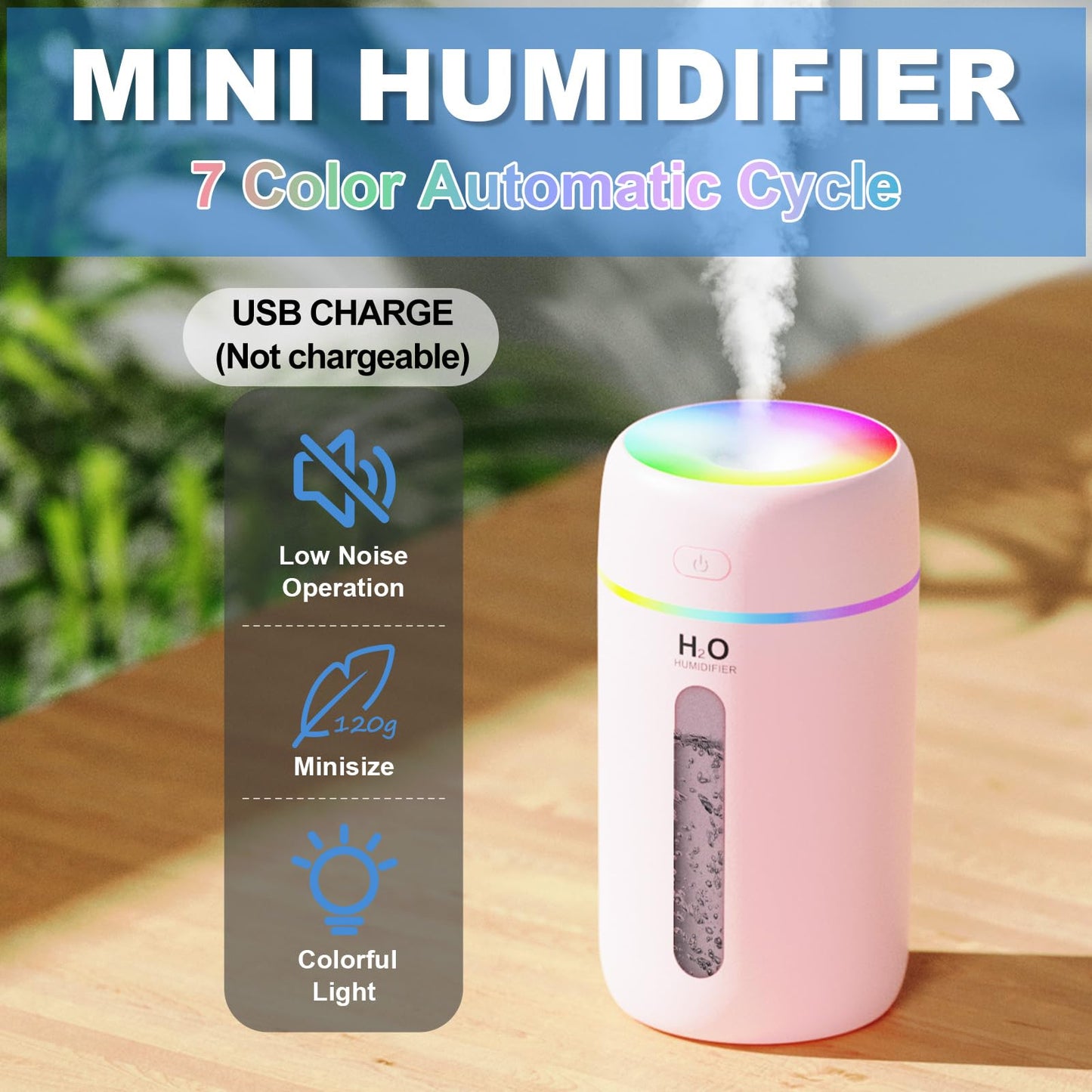 ZPP Small Humidifier, Portable Mini Humidifier with 7-color Lights for Car, Mini Desktop Humidifier for Home, Office, Travel with Night Light, Auto Shut-Off