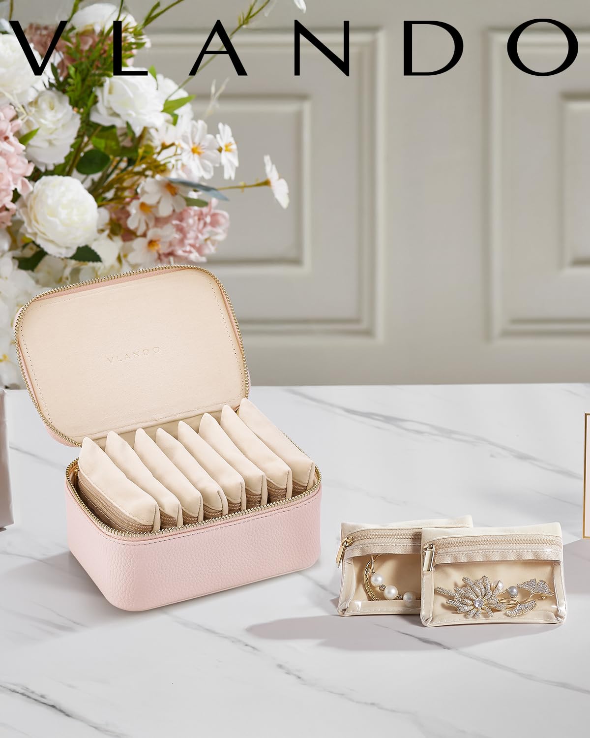 Vlando Travel Jewelry Organizer,Jewelry Box for Girls Women,Jewelry Case for 8 Pcs Velvet Jewelry Bags Storage for Necklace Rings Girls Women Valentines Gift Birthday Gifts-Pink