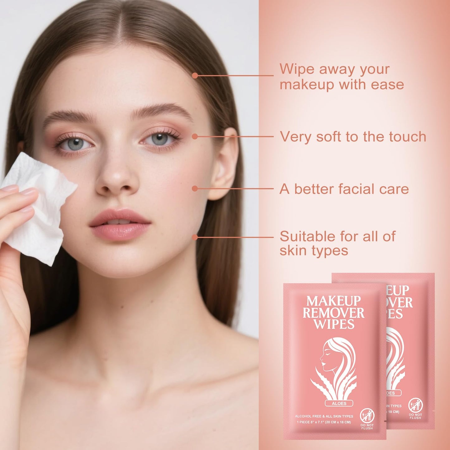 Makeup Remover Wipes Individually Wrapped Facial Cleansing Towelettes Bulk, Disposable Cleanser Makeup Removal Cloths Pads for Oil Dirt Skin Care Removing Mascara Lipstick Travel Hotel Aloes (50 Pack)