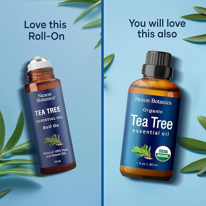 Tea Tree Oil Roll-On 10 ml - 100% Pure, Natural Essential Oil for Aromatherapy, Skin, Face & Body - Pre-Diluted for Travel - Nexon Botanics