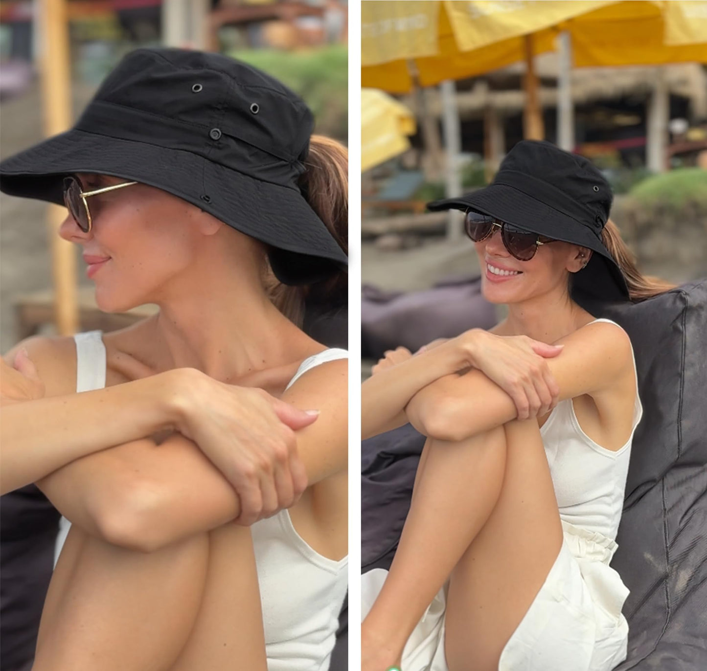 FURTALK Sun Hats for Women Ponytail UPF 50+ Beach Summer Hat Wide Brim Packable Cowboy Hat Pure Black