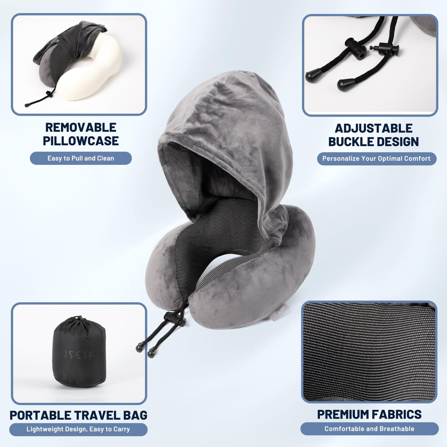 JSELF Travel Pillow with Hood, Neck Pillow for Airplane, Hooded Neck Pillow for Travel, Long Flight, Car, Plane, Office, Sleeping, 100% Pure Memory Foam Head Chin Support Airplane Pillow - Gray
