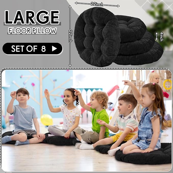 Jerify 8 Pcs Round Floor Pillows Cushions 22 x 22 Inch Large Flexible Seating Cushion Classroom Furniture Floor Pillow for Kids Adults Home Daycare Preschool Yoga Meditation Gift (Black)