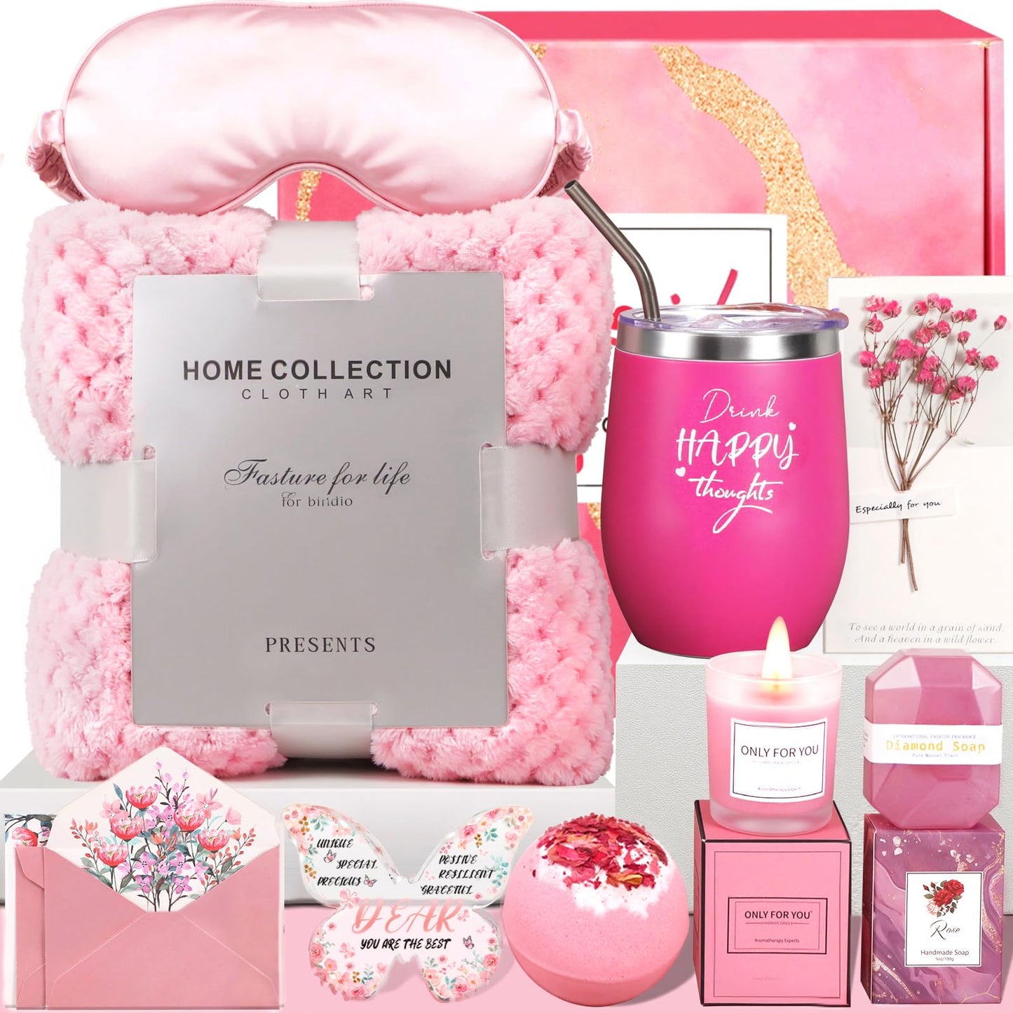 Birthday Gifts for Women, 12 PCS Unique Relaxing Spa Self Care Box Get Well Soon Gifts Baskets, Mothers Day Gifts for Mom, Wife, Girlfriend, Friends, Her Fantasy Box (Pink)