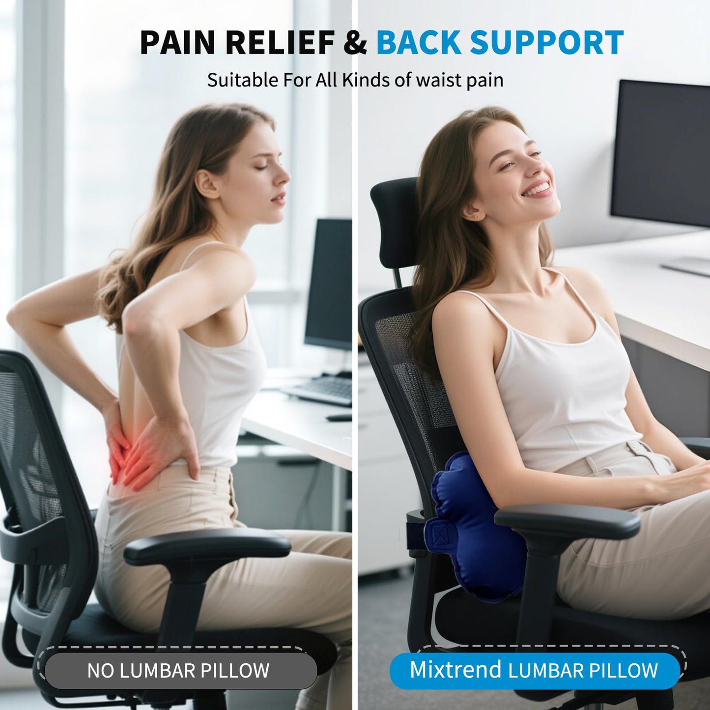 Mixtrend Travel Lumbar Pillow Inflatable Lumbar Support Pillow with Memory Foam, Back Support Pillow for Airplane Long Flight, Essential Travel Support Pillow for Women Men Kids(Navy Blue)