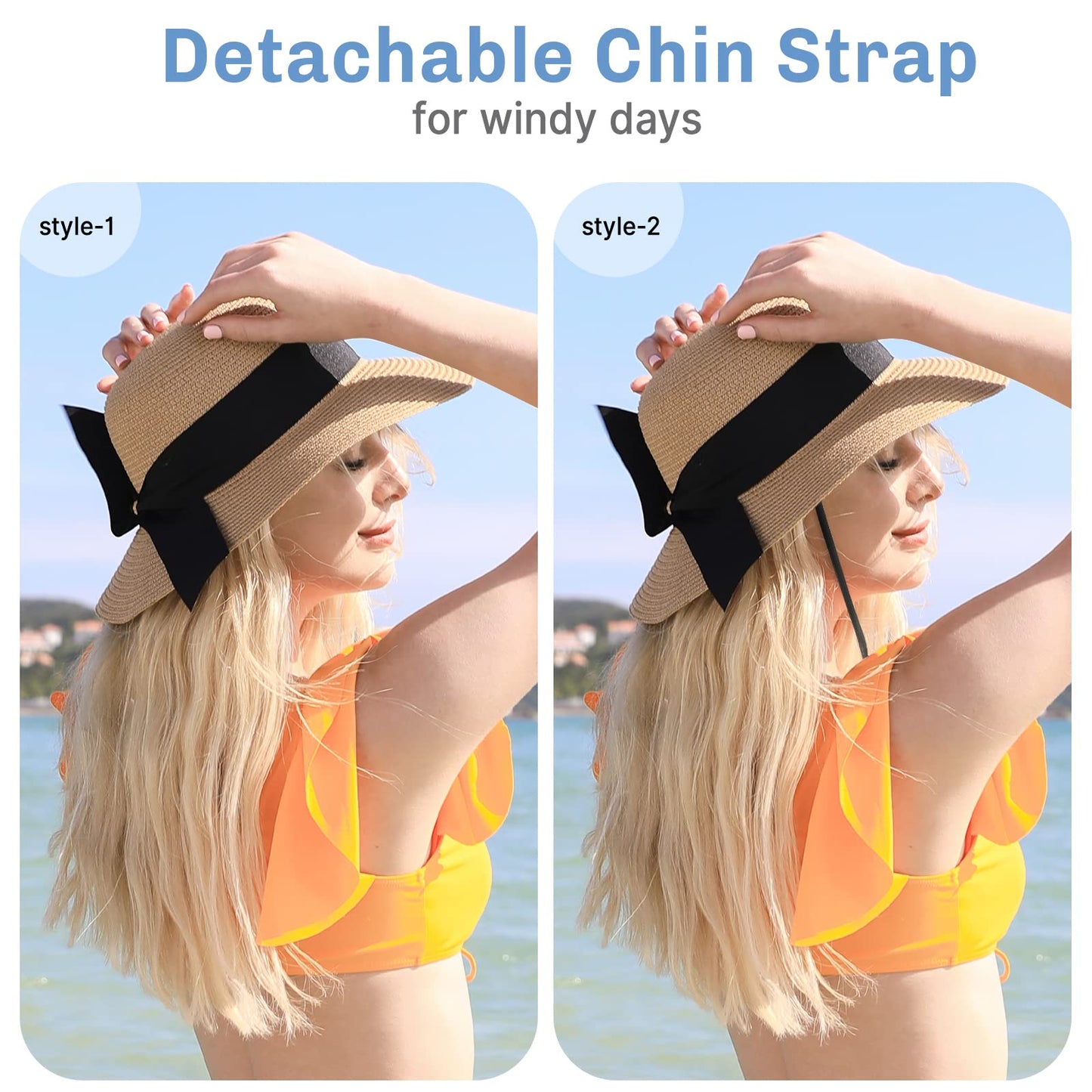 Beach Sun Hats for Women, Straw Hat for Women UPF 50+ UV Sun Protection Summer Hat Foldable Roll up Cap A-Khaki