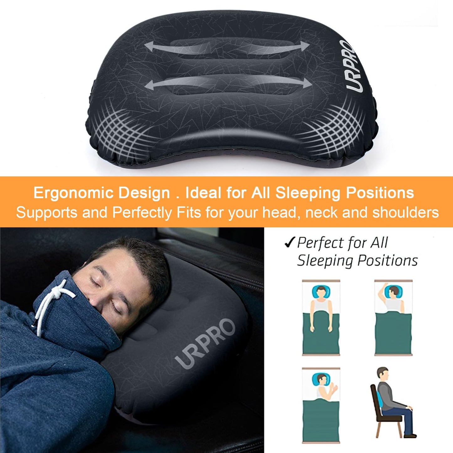URPRO Ultralight Inflatable Camping Travel Pillow - Compressible, Compact, Comfortable, Ergonomic Inflating Pillows for Neck & Lumbar Support Camp, Hiking, Backpacking Black