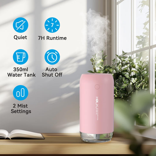 Portable Mini Humidifier, Small Cool Mist Humidifiers 350ml Quiet USB Personal Desktop Air Humidifier for Bedroom Home Plants Car Baby indoor Office with 2 Mist Modes Auto Shut-off(Pink)