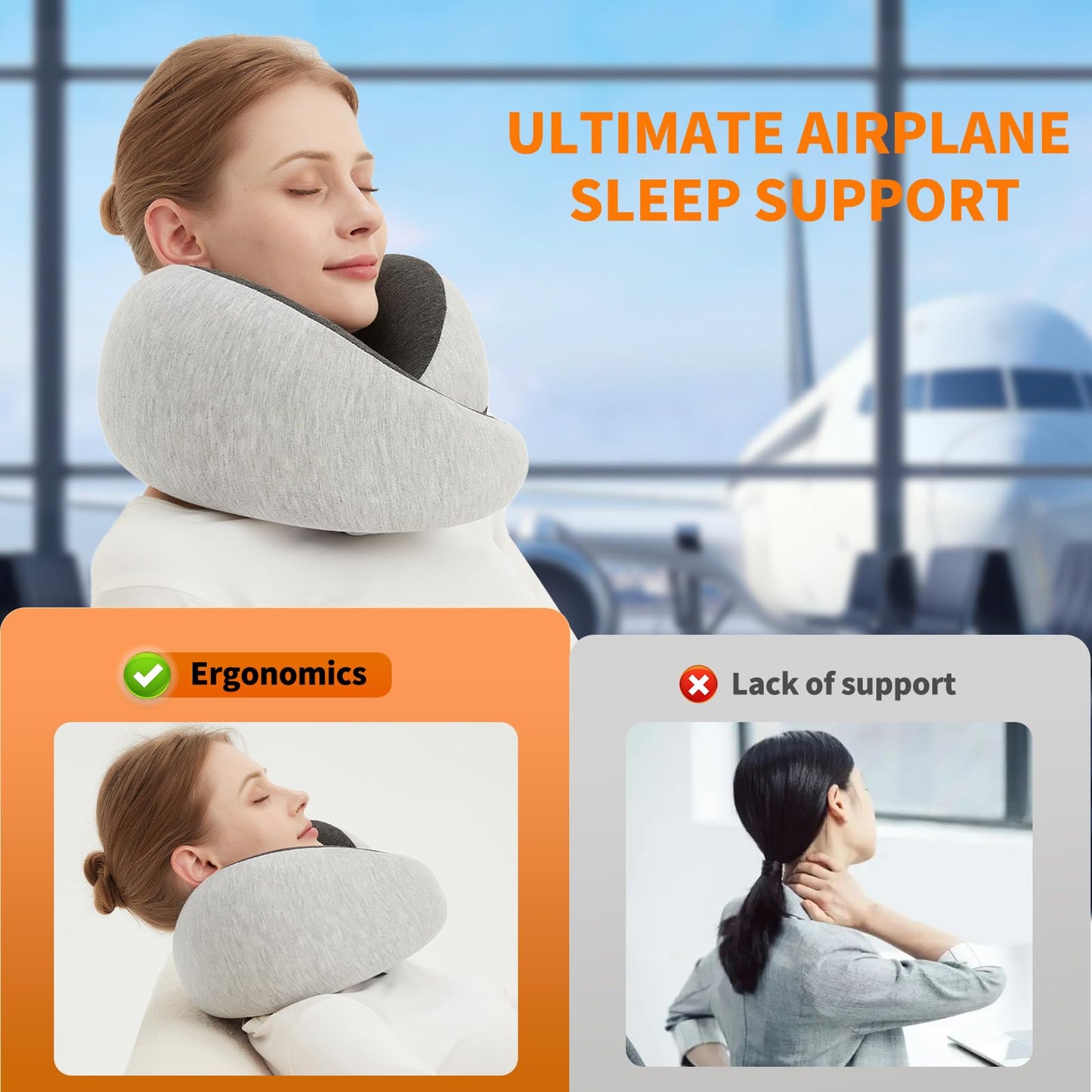 RKADIR Travel Neck Pillow Airplane, Memory Foam Travel Pillows for Comfort on Sleeper Hold Compact and Ergonomic Design for Traveling Car Rides Home Road Trip Essentials for Adults and Kids (Grey)