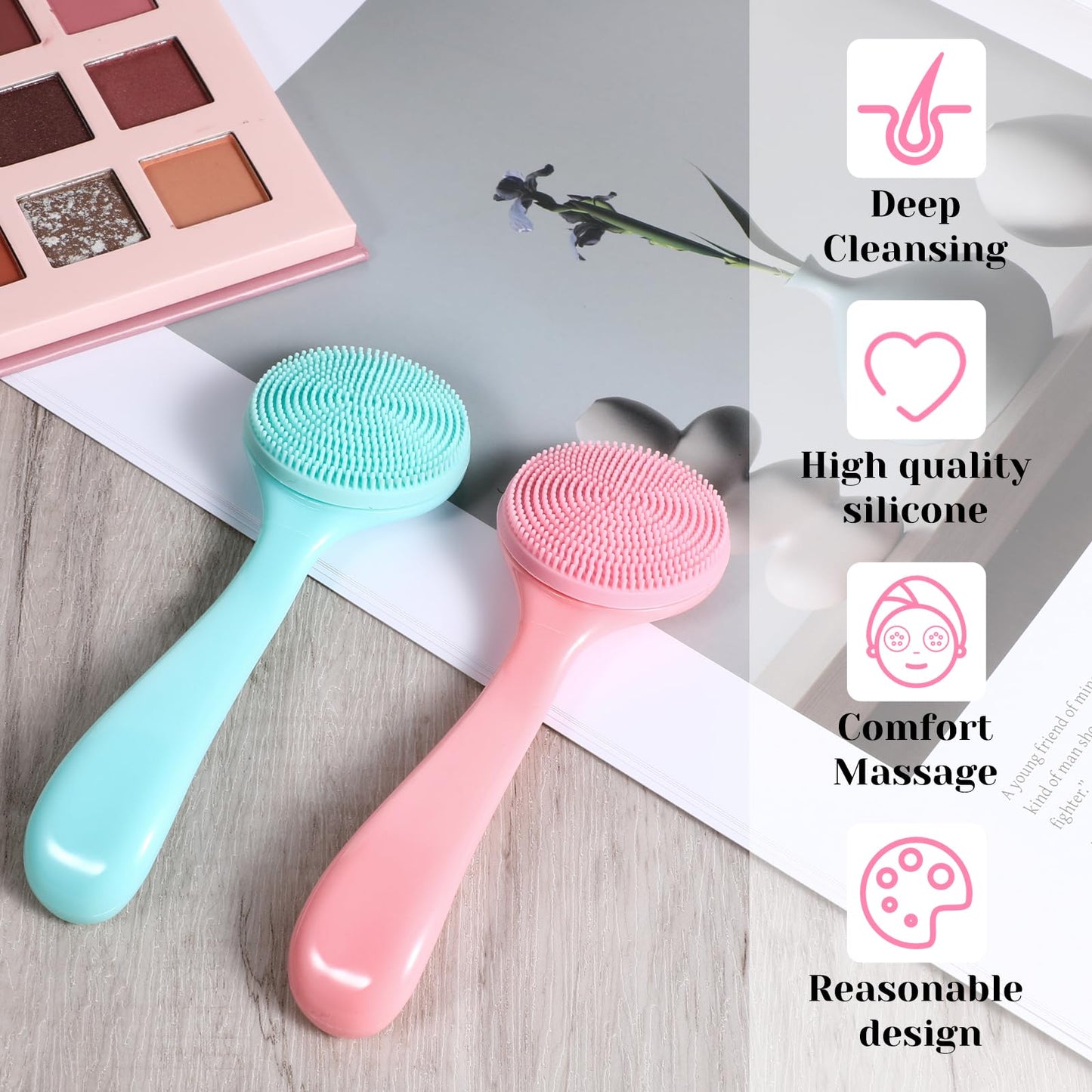 2 Pcs Silicone Manual Facial Cleansing Brush Soft Face Scrubber Exfoliating Brush Waterproof Face Cleaning Scrubber Exfoliator Cleanser for Blackheads Makeup Residues Removal(Pink, Blue)