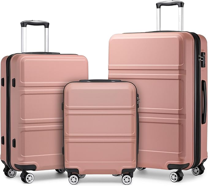 Kono 3 Piece Luggage Sets Expandable(only 28") Lightweight with Spinner Wheels TSA Lock Hardside Travel Rolling Suitcases 20in 24in 28in Carry on Nude/Rose Pink