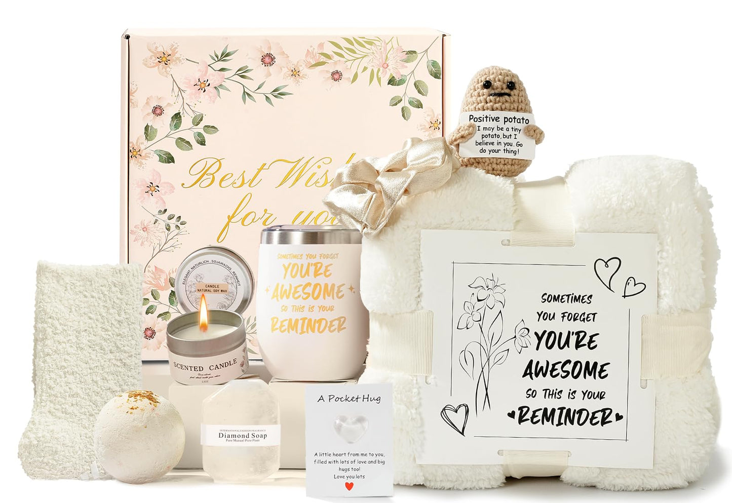 Birthday Gifts for Women, Luxury Spa Gift Basket with Blanket, Vanilla Coconut Self Care Set, Friendship Birthday Box for Mom, Sister, Wife, Best Friend, Coworker