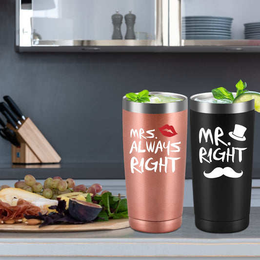Qtencas Mr. Right Mrs. Always Right Travel Tumbler Set, Wedding Engagement Gifts for Husband Wife Newlywed Couples Bride Groom Anniversary, 20oz Stainless Steel Tumbler, Black and Rose Gold
