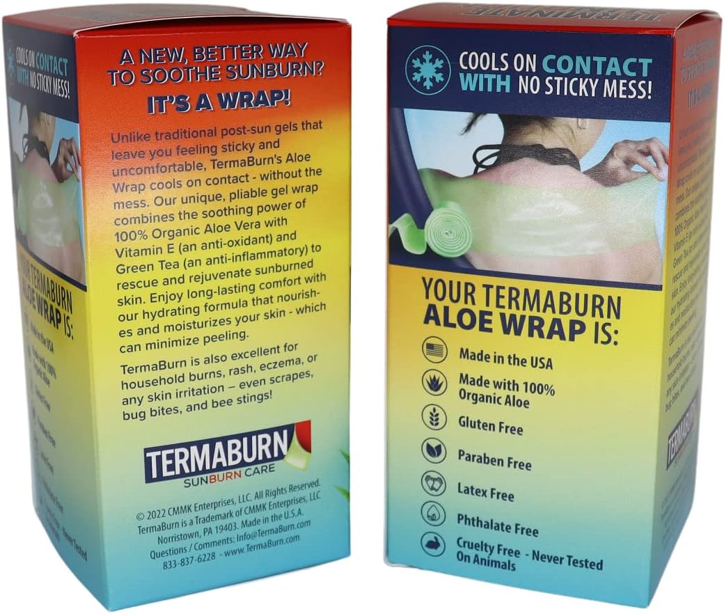 TermaBurn Aloe Wrap for Sunburn Relief – Hydro-Gel Aftersun Treatment with 100% pure aloe vera Gel | Second Skin aloevera gel for burns and peeling irritation | Great for Tattoo Aftercare and Sun Care