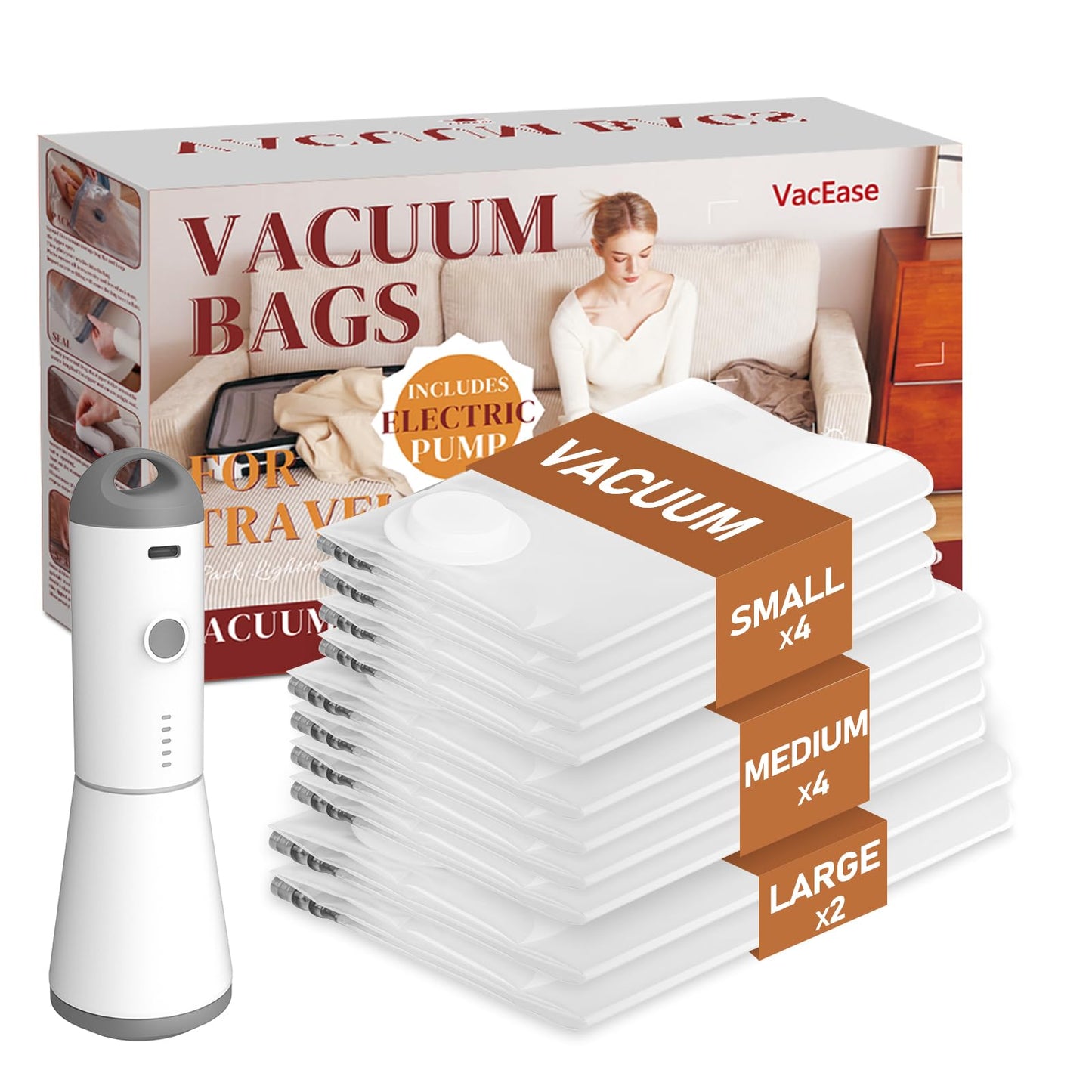 Vacbird Vacuum Storage Bags for Clothing Travel, 10 Pack Vacuum Bags with Wireless Charging Air Pump(2 Large+4 Medium+4 Small), Compression Packing for Clothes Blanket Suitcase Luggage