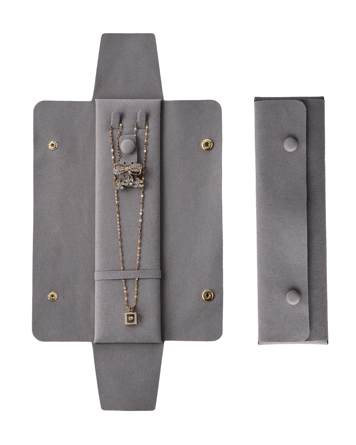 CASEGRACE Velvet Travel Jewelry Roll Bag Organizer for Necklaces, Rings, Earrings, Retaining Buckle, Anti-tangle, Everyday Storage Bag (Gray)