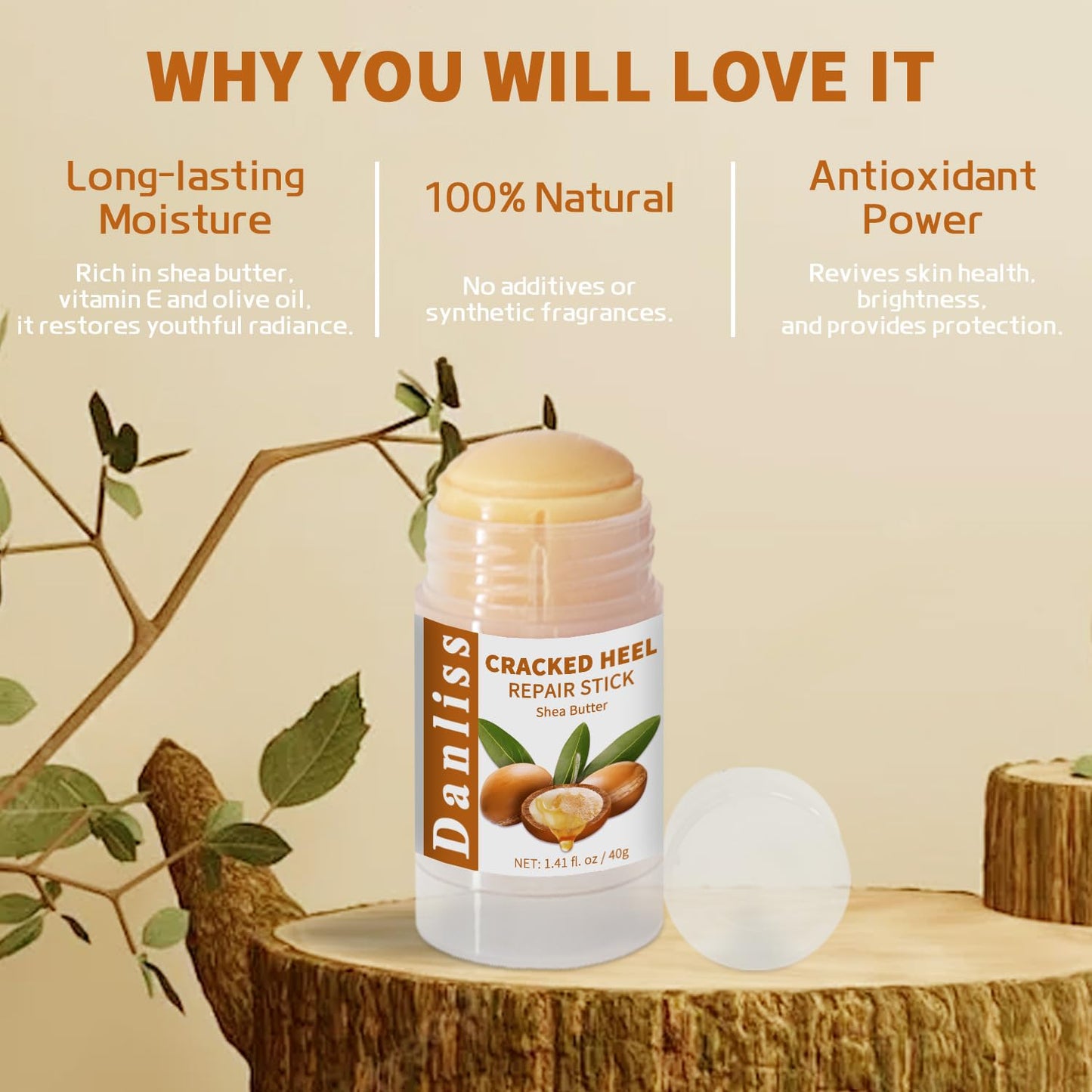 Danliss Heel Moisturizing Balm Stick Cracked Foot Nourishing Repair for Rough Dry Chapped Feet Hands Heels Nails Elbows with Shea Butter & Olive Vitamin E Natural Mild Moisturizer 1.41Oz (Shea Scent)