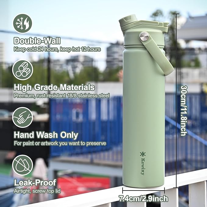 24 oz Insulated Water Bottle, 2-in-1 Lid, Straw & Spout with Protected, Leak Proof, Keep Cold, Stainless Steel, Metal, Reusable, Handle, for Travel, Gym and School, 2 Lids, Sage Green