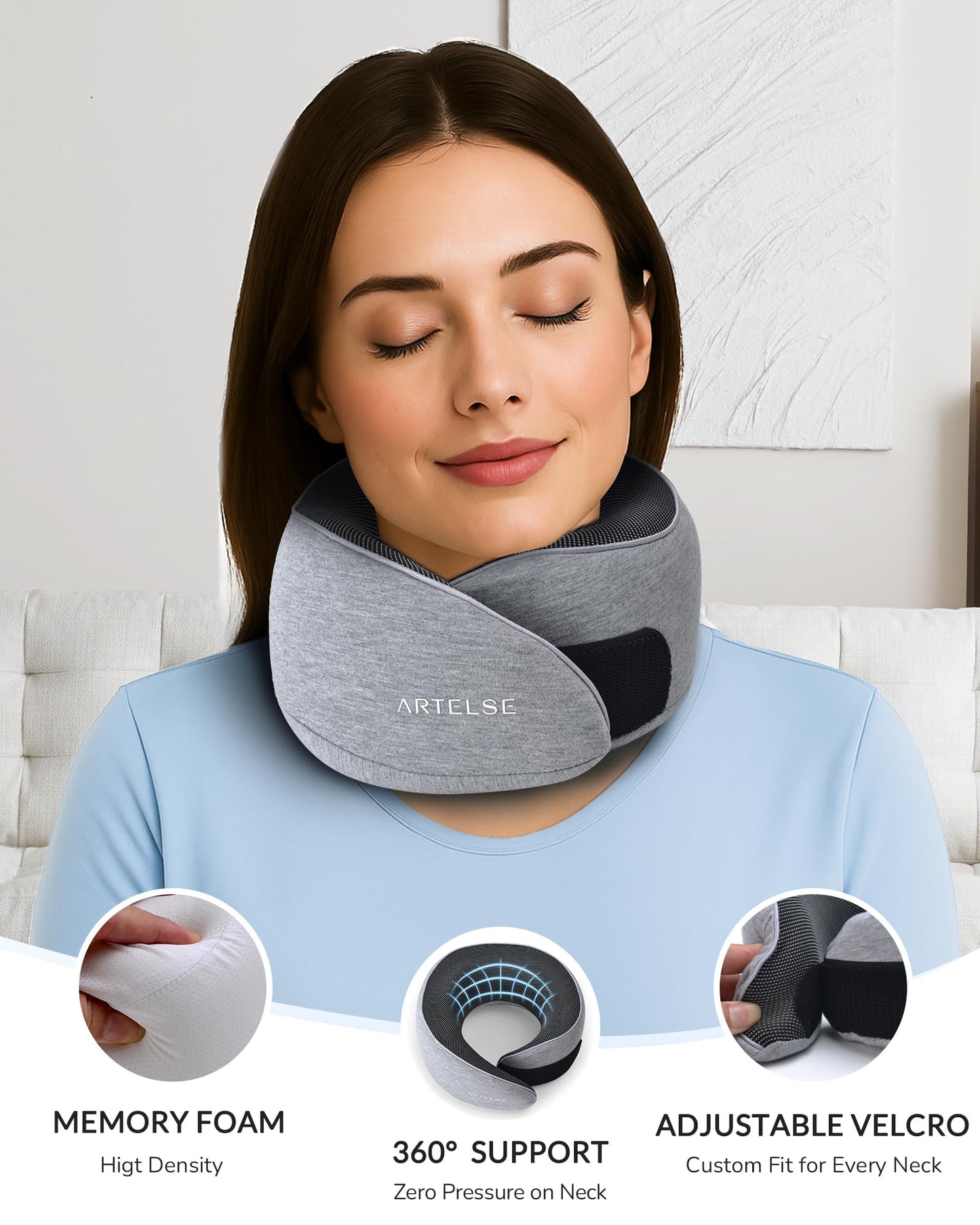 Artelse Neck Travel Pillow for Rest - Memory Foam Travel Pillow for Airplane, Comfortable Breathable Cover, 360 Degree Support Ergonomic Design Best for Flight, Train, Sleeping, Travel Essentials