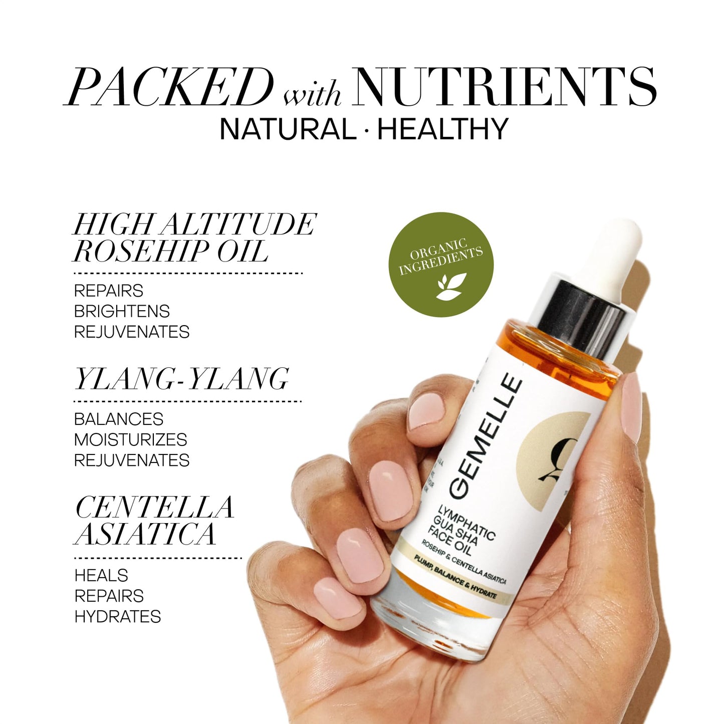 GEMELLE Lymphatic Gua Sha Face Oil | 10x Award Winner | Detox, Plump, Balance, Hydrate | High-Altitude Rosehip, Centella Asiatica & More! | Organic, Natural, Clean Beauty | Starter, Travel 15ml