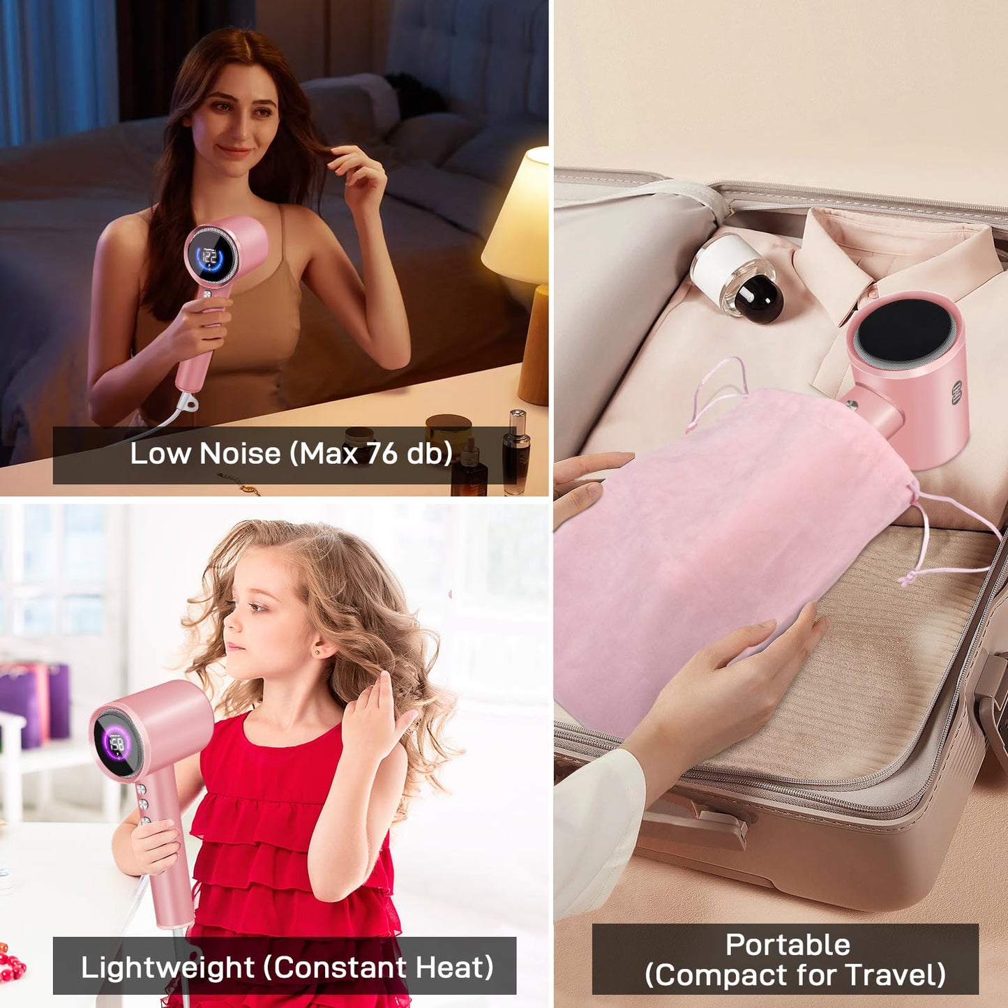 CIICII Negative Ionic Hair Dryer Professional, 120000RPM High Speed Blow Dryer (1600W Brushless/ 3-Speed/ 4-Temp & HD Display & Portable Bag) Fast Drying Hairdryer for Home, Travel & Salon (Pink)