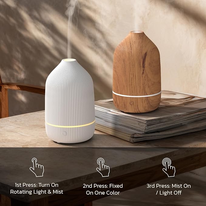 Essential Oil Diffuser, 100ml Aromatherapy Diffuser, Mini Ultrasonic Diffuser for Essential Oil, Home, Office, Cool Mist Humidifier with 7 Led Light, Auto Shut-Off, Wood Grain