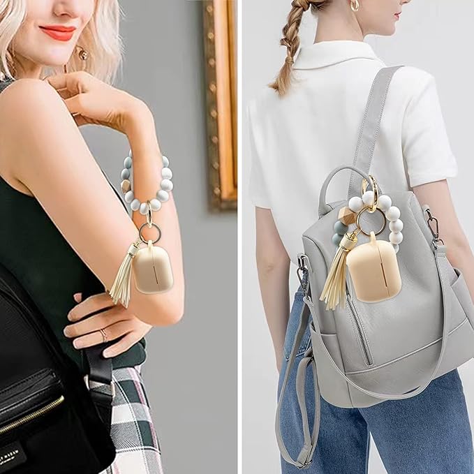 Compatible with Airpods Pro Soft Silicone Case Cover with Bracelet Keychain for Apple Airpod Pro 1st Generation Case for Women (Beige)